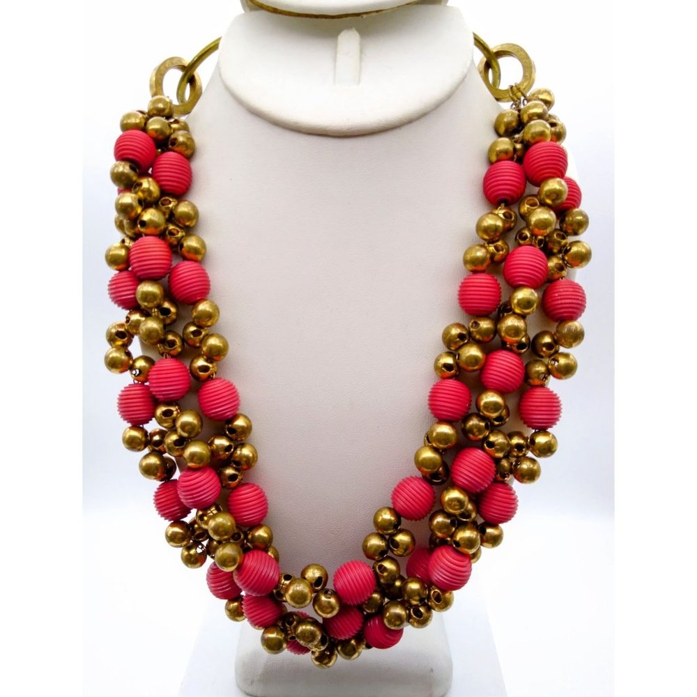 Vintage Dramatic Statement Necklace, Triple Strand Orange and Gold Bib w Brass
